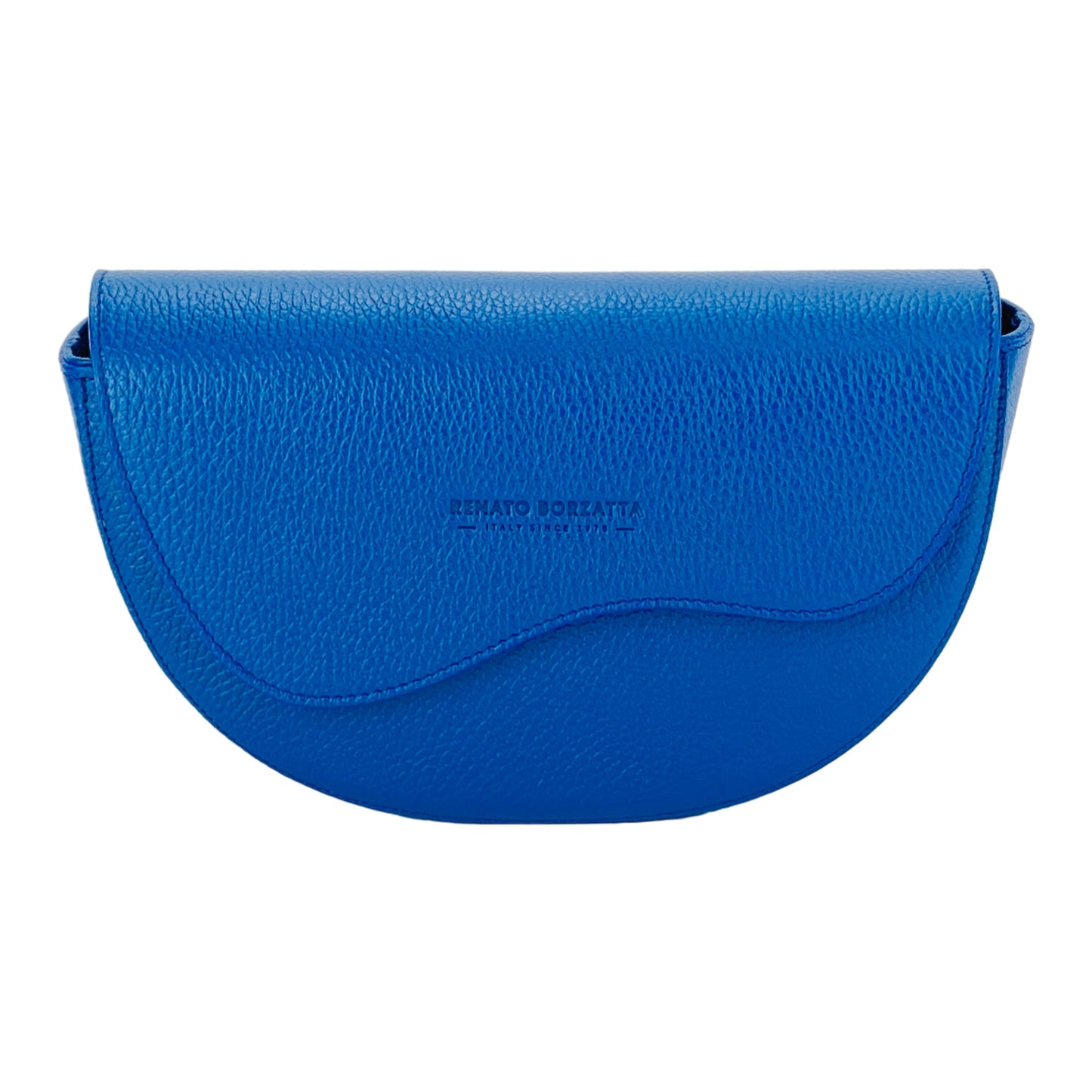RB1027CH | Women's Rounded Bandolier Bag in Genuine Leather Made in Italy. Removable and adjustable leather shoulder strap. Polished Nickel hardware - Royal Blue color - Dimensions: 25 x 15 x 9 cm.